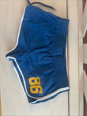 Pink Victoria Secret Navy Athletic Shorts with Yellow '86' Accent Y2K - small